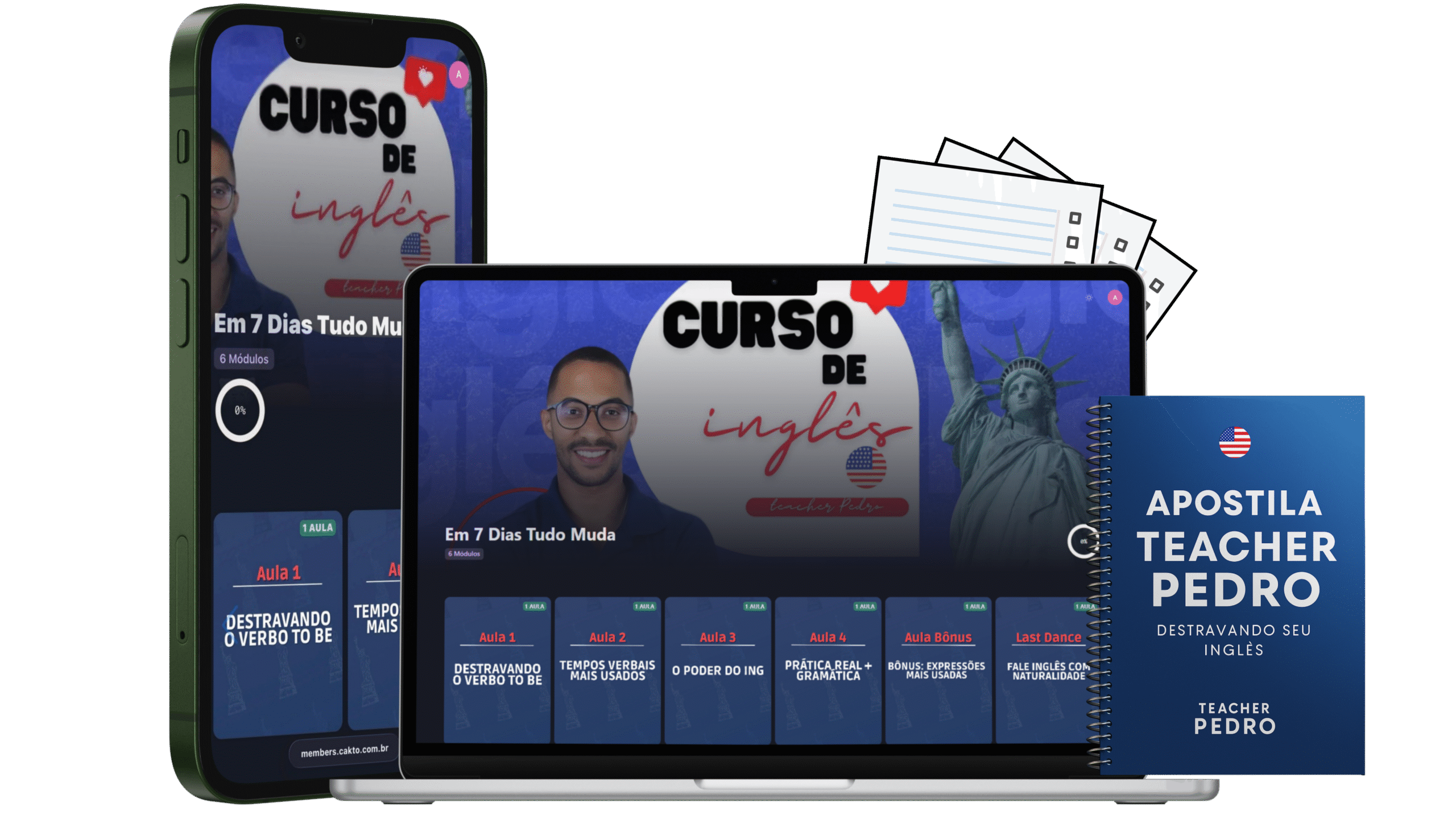 Mockup do curso Fluência em 7 dias do Teacher Pedro